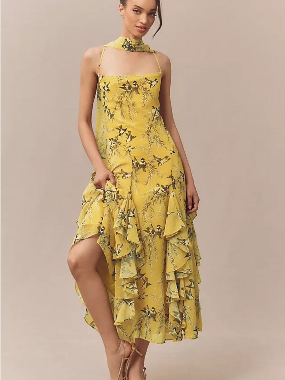 NWOT BHLDN Yellow Floral Ruffle Midi Dress